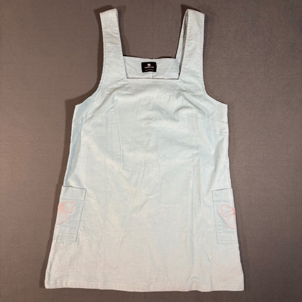 Standard Issue Light Blue Corduroy Pinafore Dress Pink Bow Pockets Size‎ L